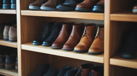 Showcase of a variety of stylish footwear, featuring brown leather chukka boots and various shoes, displayed neatly on wooden shelves in a modern retail environment.の素材