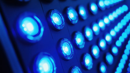 A striking close-up of blue LED lights creating a captivating atmosphere, ideal for projects involving technology, innovation, or modern design aesthetics.の素材