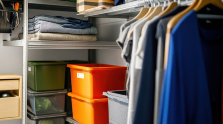 A modern walk-in closet featuring colorful storage bins and neatly arranged clothes on hangers, showcasing an efficient organization for personal items and essentials.の素材