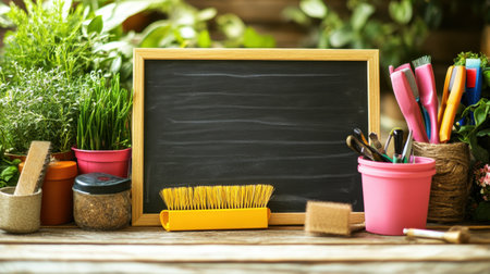 A vibrant gardening scene featuring essential tools, plants in colorful pots, and a blank chalkboard perfect for notes or designs, set on a rustic wooden table.の素材
