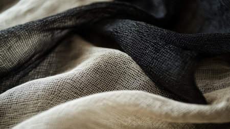 This photograph showcases soft textured fabric in light beige and black, highlighting elegant layers and patterns suitable for fashion and decor projects.の素材