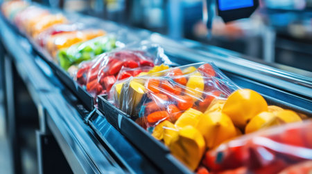 A vibrant display of assorted fresh produce in clear plastic packaging moves along a shiny supermarket conveyor belt, inviting shoppers to explore healthy choices for their meals.の素材