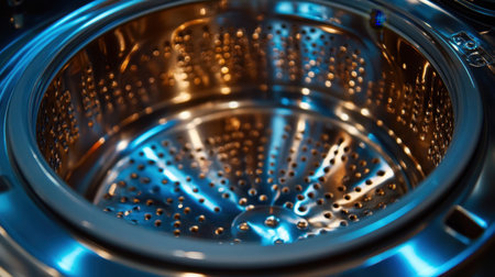 Explore this captivating close-up of a washing machine drum showcasing a shiny metallic surface and intricate circular holes, ideal for conveying modern technology and home appliance themes.の素材