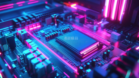 A vibrant and dynamic close-up of a circuit board illuminated by neon lights, showcasing advanced technology and electronic components in a futuristic environment.の素材