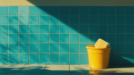 A vibrant yellow bucket with a sponge resting against a turquoise tile wall, bathed in soft sunlight, creating a refreshing and inviting atmosphere for cleaning and home decor enthusiasts.の素材