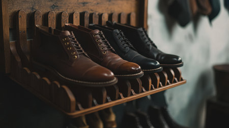 A beautifully arranged selection of leather shoes on a wooden rack, highlighting the elegance and craftsmanship ideal for fashion enthusiasts and style seekers alike.の素材