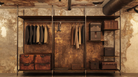 A modern open wardrobe arrangement featuring elegant coats and stylish accessories against a backdrop of rustic charm, showcasing a chic industrial aesthetic and functional design.の素材