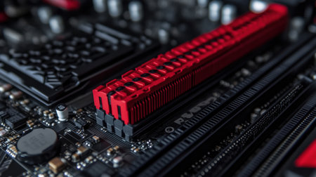 A detailed close-up image of a modern motherboard showcasing dynamic red RAM modules amidst intricate circuitry, ideal for technology and hardware use.の素材