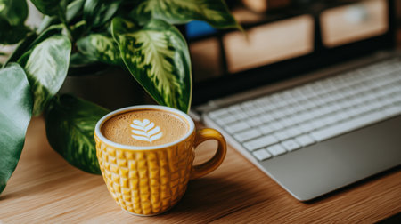 A bright and inviting workspace scene with a yellow coffee cup adorned with a leaf design, laptop, and lush green plant on a wooden table, offering warm vibes of comfort and creativity.の素材