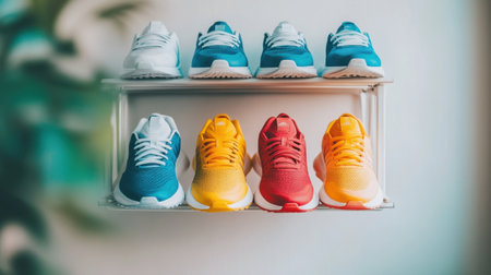 A vibrant display of colorful athletic sneakers arranged on a modern shelf, ideal for those seeking style and comfort in their active lifestyle and sports activities.の素材