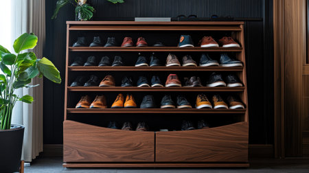 A beautifully organized shoe rack showcasing a variety of stylish footwear, complemented by greenery, offers a glimpse into modern living with functional elegance.の素材