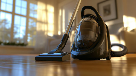A modern vacuum cleaner rests on a polished wooden floor in a sunlit living room, highlighting efficient cleaning technology and inviting home atmosphere, perfect for showcasing home care.の素材