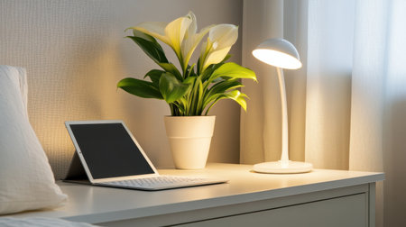Bright and inviting bedroom setting showcasing a sleek tablet, a stylish desk lamp, and a beautiful potted plant, perfect for inspiration or relaxation.の素材