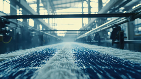 A captivating view from ground level showcases the textile production process in an industrial factory, highlighting the interplay of blue and white fabric rolling off the machinery.の素材