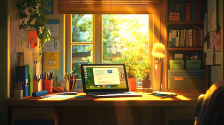 Bright and inviting workspace featuring a laptop on a desk bathed in warm sunlight, surrounded by colorful stationery and greenery, perfect for creativity and productivity.の素材