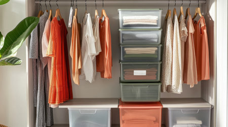 A bright and organized closet showcasing a variety of clothing items and functional storage solutions, perfect for modern home decor and organization inspiration.の素材