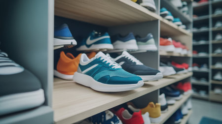 A vibrant assortment of athletic shoes displayed neatly on shelves, highlighting various styles and colors perfect for fitness enthusiasts and casual wearers alike.の素材