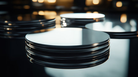 A collection of sleek metallic plates elegantly stacked, showcasing their reflective surfaces in a modern setting, perfect for contemporary decor or culinary showcases.の素材
