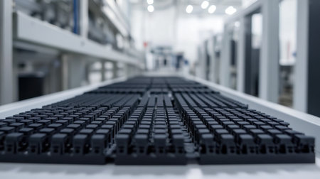 A detailed view of black plastic components neatly arranged on a conveyor belt in a modern manufacturing facility, showcasing advanced technology and efficient production processes.の素材