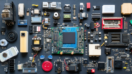 An intricate layout showcasing various electronic components arranged meticulously on a sleek black background, ideal for illustrating technology and engineering concepts.の素材