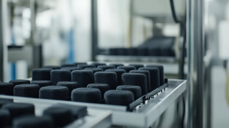A modern industrial manufacturing setting showcasing a precise arrangement of black foam cylindrical products on a production line, highlighting advanced technology and efficiency.の素材