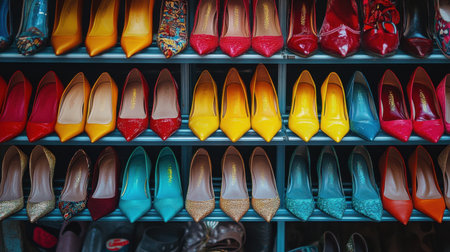 A vibrant display of high heels in an array of colors and styles, showcasing the beauty and variety in footwear, ideal for fashion lovers and designers seeking inspiration.の素材