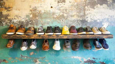 A charming display of various stylish shoes on a rustic wooden shelf highlights the interplay of colors and textures, ideal for lifestyle or fashion themes.の素材
