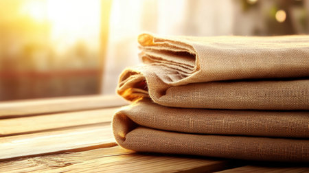 Beautifully folded linen fabrics shine in soft light, creating a tranquil and warm atmosphere perfect for home decor or textile design projects. Ideal for lifestyle imagery.の素材