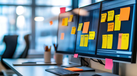 A contemporary office setup with dual monitors showcasing digital notes and vibrant sticky notes, promoting creativity and collaboration in a dynamic work environment.の素材