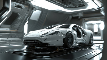 A stunning futuristic car model showcased in a high-tech garage environment, highlighting innovative design and advanced technology with sleek lines and ambient lighting.の素材