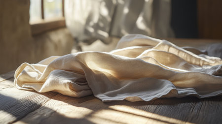 Gentle sunlight casts shadows on a soft fabric draped over a rustic wooden table, creating a serene and warm atmosphere ideal for textile and interior design photography.の素材