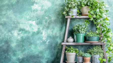 A charming display of vibrant indoor plants on a rustic wooden ladder set against a textured green wall, perfect for creating a fresh and inviting atmosphere in any living space.の素材