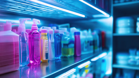 A stunning visual display of cleaning supplies arranged in a modern refrigerator, accentuated by vibrant neon lighting that highlights the colors and shapes of the bottles.の素材