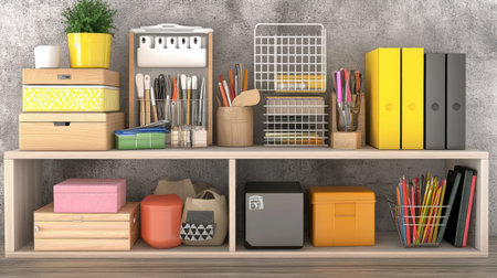 Colorful and organized workspace displayed on a modern shelving unit with various storage boxes, office supplies, and decorative plants for an inspiring environment.の素材