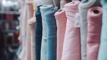 This image captures a vibrant assortment of fabric rolls, showcasing unique colors and textures, ideal for various sewing and crafting projects, inviting creativity and inspiration.の素材