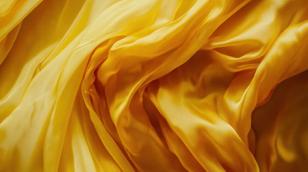 A stunning close-up of luxurious yellow satin fabric, featuring soft waves and a smooth texture, perfect for fashion, art, or design inspiration. Ideal for backgrounds or decorative use.の素材