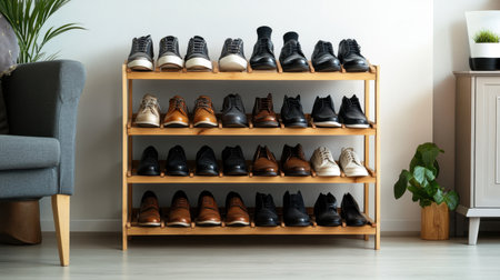 A stylish display of various footwear on a wooden shelf in a modern home interior, showcasing an assortment of casual and formal shoes in an organized manner.の素材