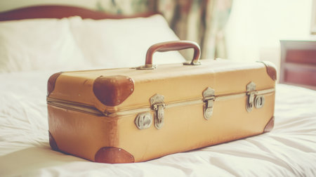 A vintage suitcase sits elegantly on a bed in a hotel room, bathed in soft natural light, evoking nostalgia for travel and adventures of the past.の素材
