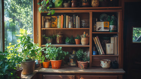 A charming indoor shelf filled with vibrant plants and books, showcasing natural light streaming through a window, perfect for inspiring a cozy and inviting home atmosphere.の素材