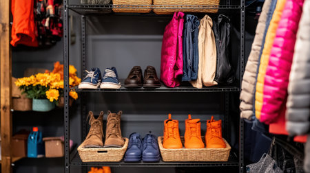 A well-organized shelving unit displays an array of colorful footwear and stylish handbags, complemented by vibrant flowers, creating a modern and inviting home closet atmosphere.の素材
