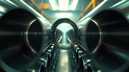 A captivating view of metallic pipes arranged in an industrial warehouse, showcasing depth and perspective enhanced by dynamic lighting effects for manufacturing imagery.の素材