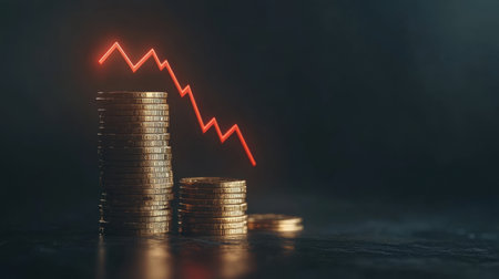 A visual representation of declining market conditions featuring stacks of coins and a downward red graph symbolizing economic challenges and financial loss.の素材