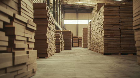 An expansive warehouse filled with rows of neatly stacked wooden planks, creating a clean and organized workspace ideal for various woodworking and construction activities.の素材