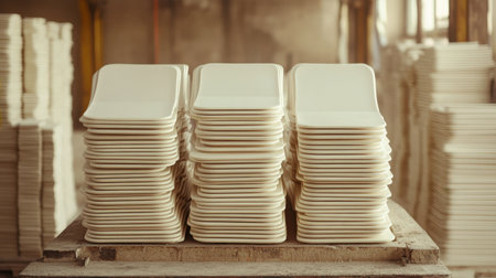 A serene scene of stacks of unfinished ceramic plates in a workshop, highlighting the artistry and craftsmanship involved in pottery making, evoking a sense of tranquility.の素材