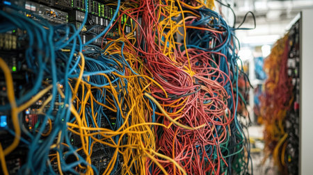 A vibrant display of colorful cables creates an intricate network within a modern data center, illustrating the complexities of technology and data management systems.の素材