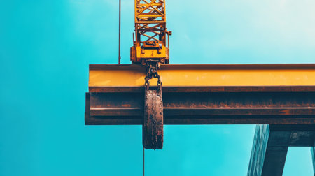 A vibrant image showcasing an industrial crane lifting a steel beam against a clear blue sky, emphasizing heavy machinery and construction work dynamics.の素材