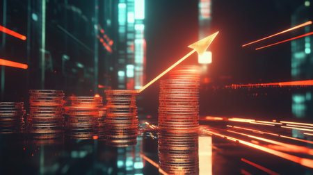 Visual representation of financial growth featuring stacked coins and an upward arrow, set against a futuristic urban backdrop filled with glowing digital elements to depict advancement.の素材