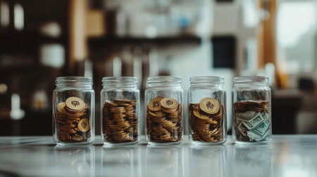 A collection of jars filled with coins and dollar bills, arranged on a table to depict themes of savings, financial planning, and budgeting in a cozy home setting.の素材