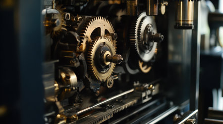 A detailed close-up of a clockwork mechanism featuring intricate gears and cogs, showcasing the remarkable craftsmanship and engineering behind antique timepieces.の素材