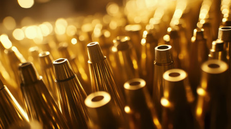 Golden bullet casings fill the frame, highlighting intricate details and textures. A stunning representation of craftsmanship in ammunition manufacturing, perfect for industrial themes.の素材